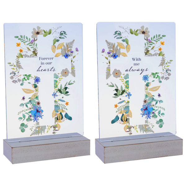 LED Light Up Cross Bereavement Messages Table Top Figurine